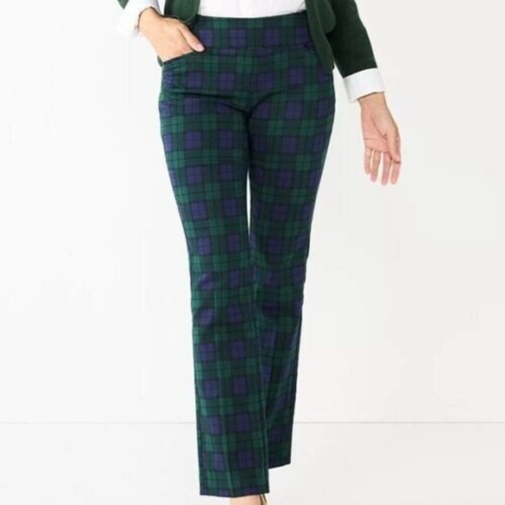 Croft Barrow Effortless Stretch Bootcut Pants Women 14 Petite Green Plaid NEW